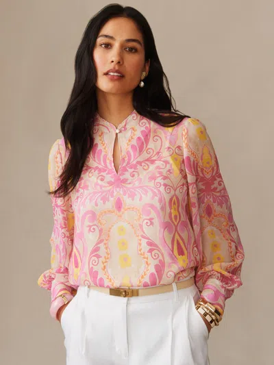 J.mclaughlin Women's Peyton Blouse In Mini Deco Bloom Cream/pink In Multi