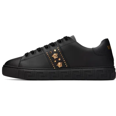 Versace Black Greca Embellished Nylon Faux-leather Sneakers In Black