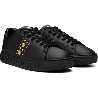 Versace Black Greca Embellished Nylon Faux-leather Sneakers In Black
