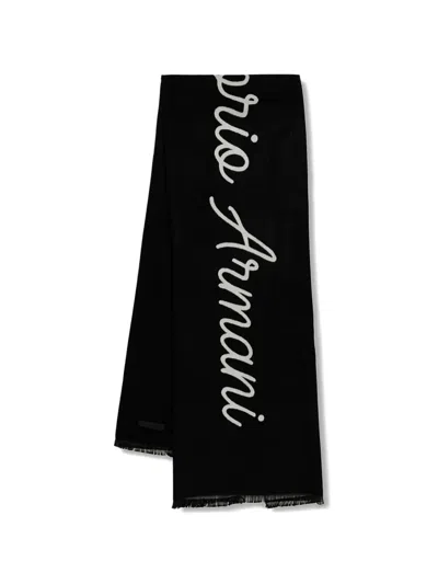 Ea7 Logo-script Frayed-edge Scarf In Black