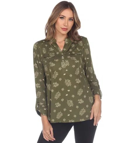 White Mark Plus Size Printed Long-sleeve Button-front Top In Green