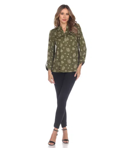 White Mark Plus Size Printed Long-sleeve Button-front Top In Green