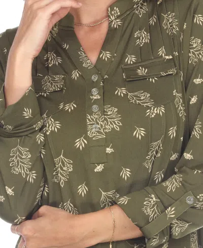 White Mark Plus Size Printed Long-sleeve Button-front Top In Green