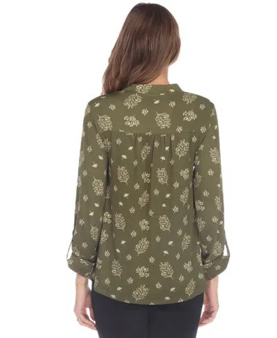 White Mark Plus Size Printed Long-sleeve Button-front Top In Green