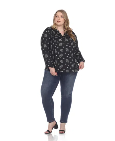 White Mark Plus Size Printed Long-sleeve Button-front Top In Black