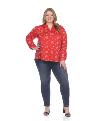White Mark Plus Size Printed Long-sleeve Button-front Top In Red