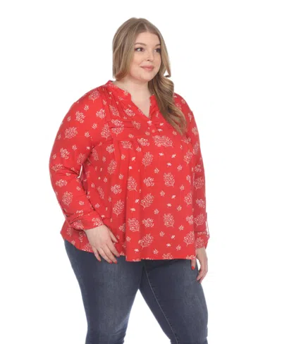 White Mark Plus Size Printed Long-sleeve Button-front Top In Red