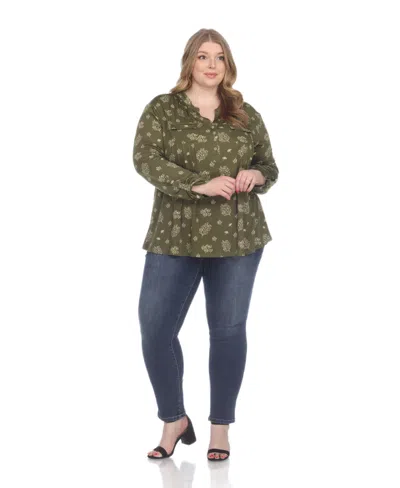 White Mark Plus Size Printed Long-sleeve Button-front Top In Green