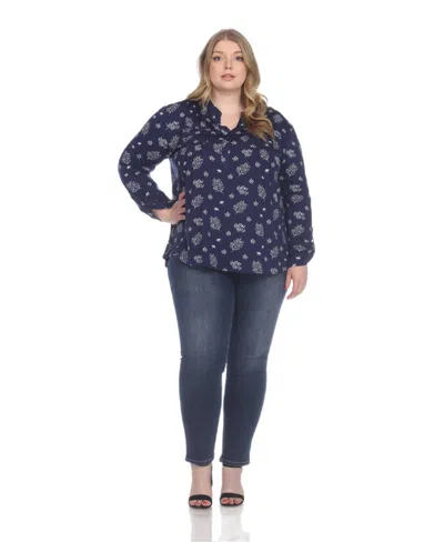 White Mark Plus Size Printed Long-sleeve Button-front Top In Blue
