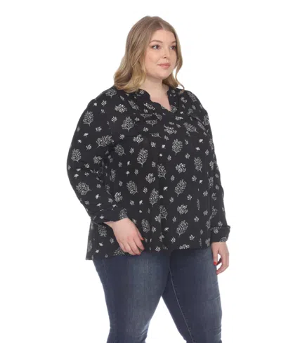 White Mark Plus Size Printed Long-sleeve Button-front Top In Black
