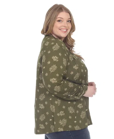 White Mark Plus Size Printed Long-sleeve Button-front Top In Green