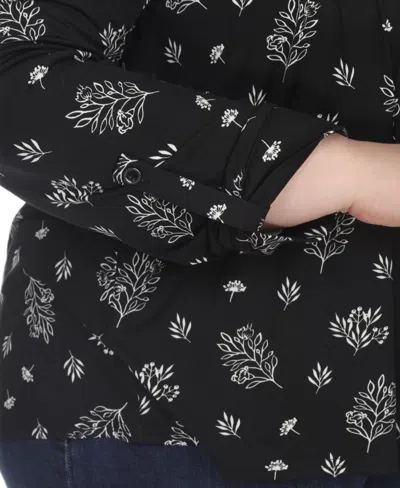 White Mark Plus Size Printed Long-sleeve Button-front Top In Black