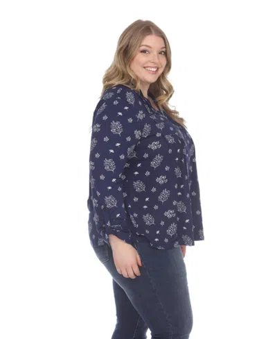 White Mark Plus Size Printed Long-sleeve Button-front Top In Blue