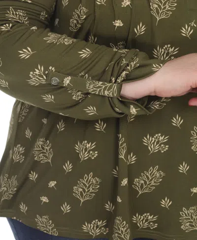 White Mark Plus Size Printed Long-sleeve Button-front Top In Green