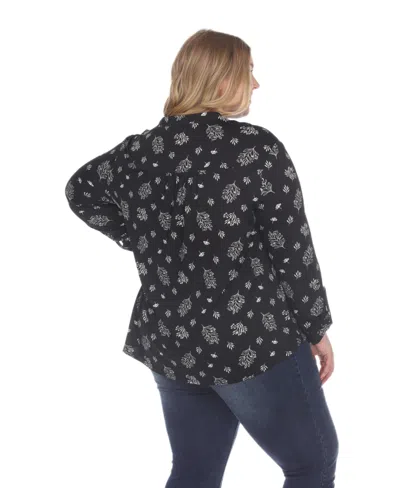 White Mark Plus Size Printed Long-sleeve Button-front Top In Black