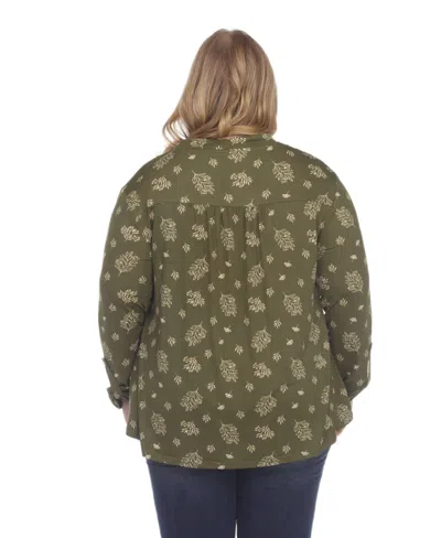 White Mark Plus Size Printed Long-sleeve Button-front Top In Green