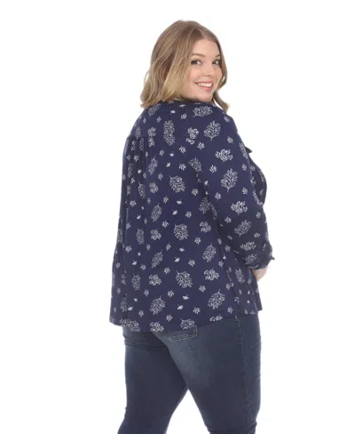 White Mark Plus Size Printed Long-sleeve Button-front Top In Blue