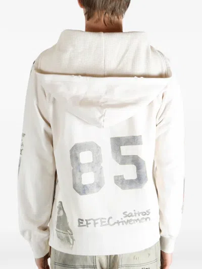 Saitos 롱 리브 락 그래픽 프린트 디스트레스드 후드 집업 In White