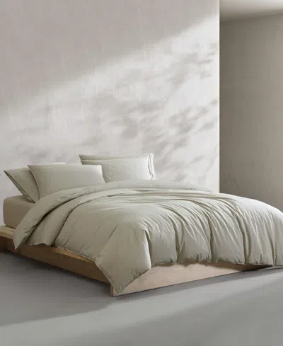 Calvin Klein Washed Percale Cotton Solid 3 Piece Comforter Set, Queen In Green