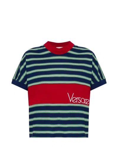 Versace Logo-embroidered Striped Cotton-jersey T-shirt In Black