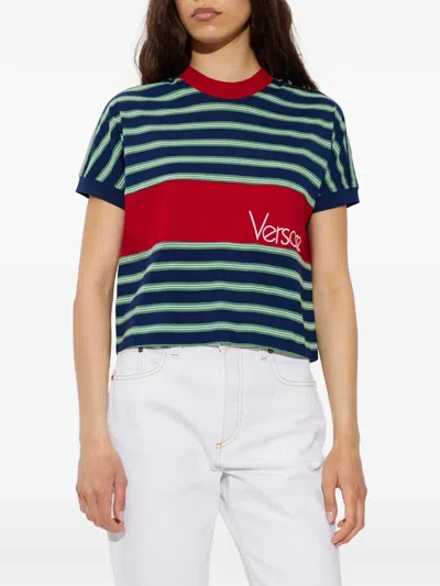 Versace Logo-embroidered Striped Cotton-jersey T-shirt In Black