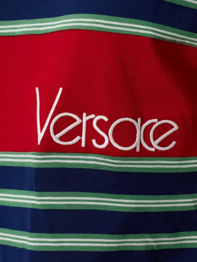 Versace Logo-embroidered Striped Cotton-jersey T-shirt In Black