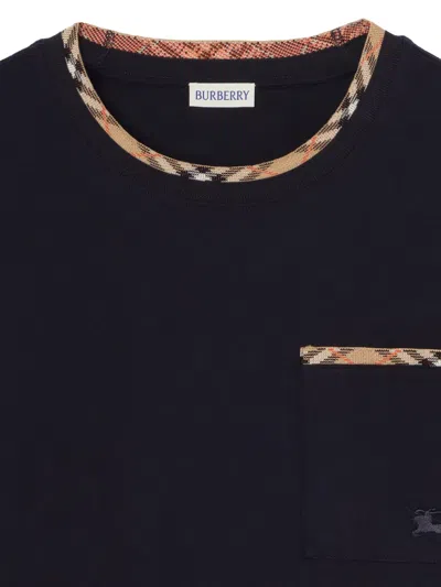 Burberry Cotton Logo T-shirt With Checkered Trim And Chest Pocket In Black