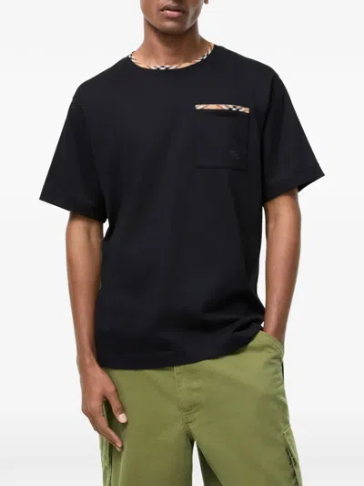 Burberry Cotton Logo T-shirt With Checkered Trim And Chest Pocket In Black