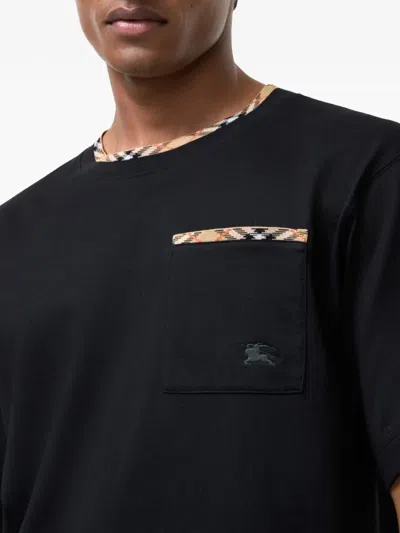 Burberry Cotton Logo T-shirt With Checkered Trim And Chest Pocket In Black