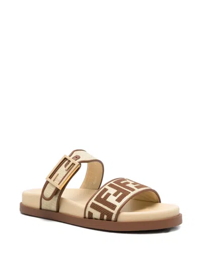 Fendi Feel Beige Raffia-effect Material Slides In Neutral