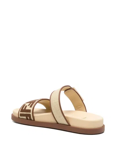 Fendi Feel Beige Raffia-effect Material Slides In Neutral