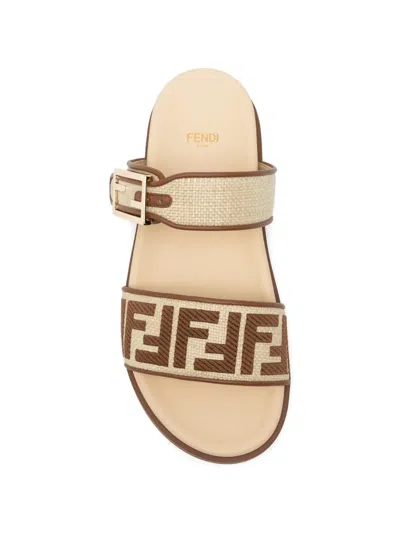 Fendi Feel Beige Raffia-effect Material Slides In Neutral