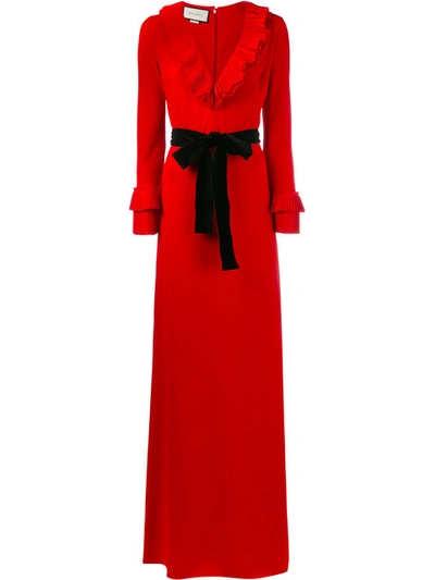 Shop Gucci Pleated Ruffle Gown In Red