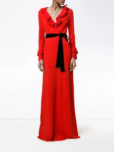 Shop Gucci Pleated Ruffle Gown In Red