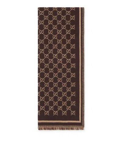 Gucci Patterned Rectangular Wool Scarf In Brown