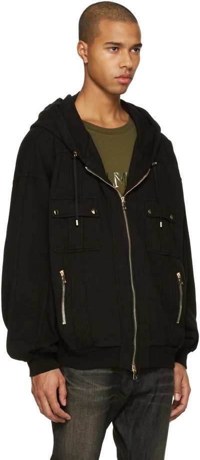 Shop Balmain Black Oversized Zip Hoodie