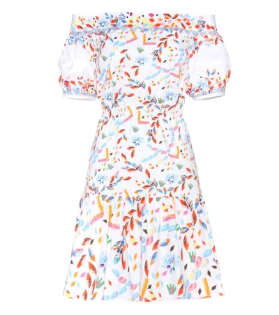 Shop Peter Pilotto Printed Cotton Off-the-shoulder Dress In White