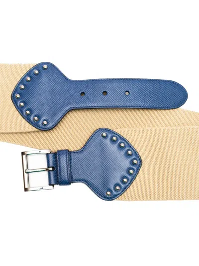 Prada Raffia And Leather Belt With Studs In Neutral