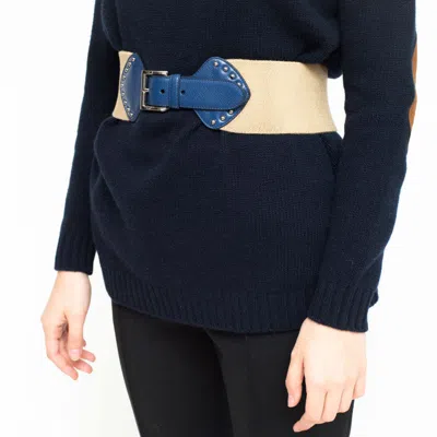 Prada Raffia And Leather Belt With Studs In Neutral