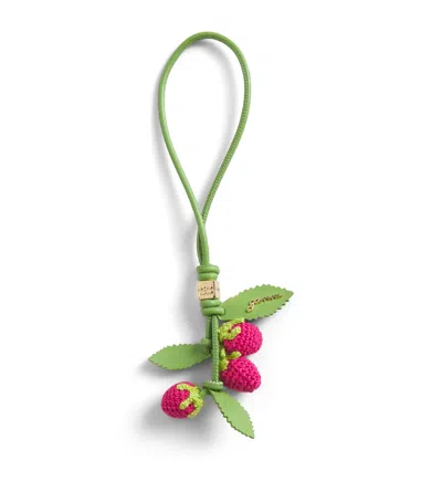 Ganni Leather-crochet Raspberry Bag Charm In Green