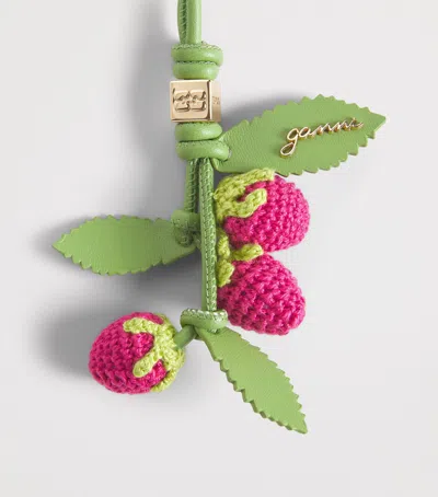 Ganni Leather-crochet Raspberry Bag Charm In Green