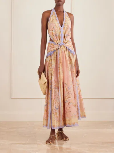 Zimmermann Womens Pink Scarf Floral Indra Printed Halter-neck Silk And Cotton Maxi Dress In Multi