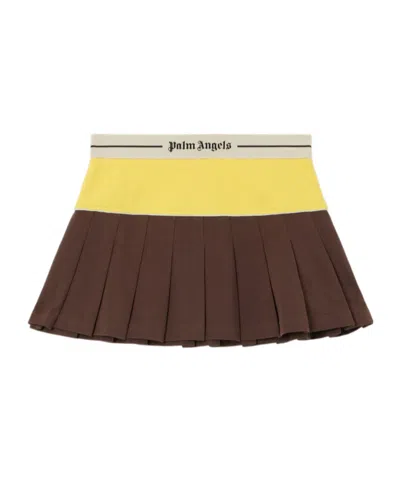 Palm Angels Logo Skirt Contrast Waistband Pleated Design In Brown