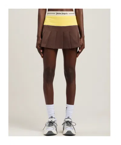 Palm Angels Logo Skirt Contrast Waistband Pleated Design In Brown