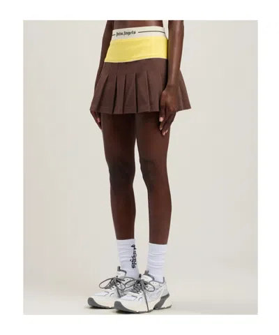 Palm Angels Logo Skirt Contrast Waistband Pleated Design In Brown