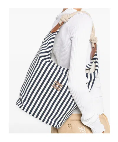 Miu Miu Canvas Bucket Bag Striped Pattern Rope Handle In Multi