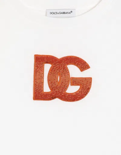 Dolce & Gabbana Jersey T-shirt With Sequin Logo Embroidery In White