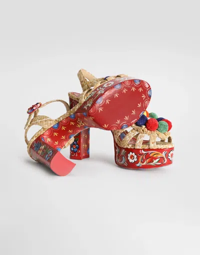 Dolce & Gabbana Keira Platform Heel Sandals Pompons Flowers In Multi
