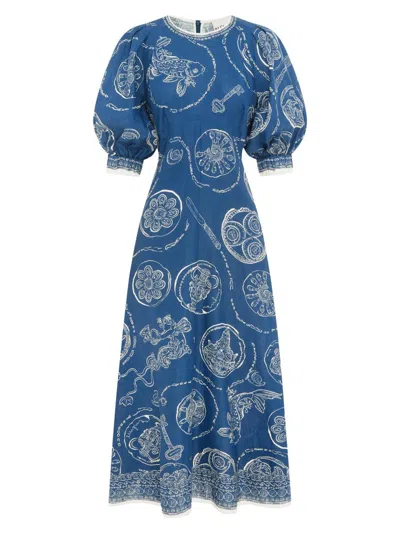 Alemais Lucky Graphic-print Puff-sleeve Midi Dress In Multi