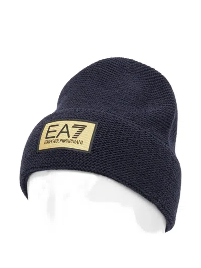 Ea7 Logo Patch Beanie In Blue